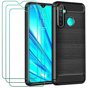 ivoler Case for Oppo Realme 5 Pro + 3 Pack Tempered Glass Screen Protector, Carbon Fiber Design Shock Absorption Bumper Cover, Slim Soft Silicone Shockproof Phone Case - Black