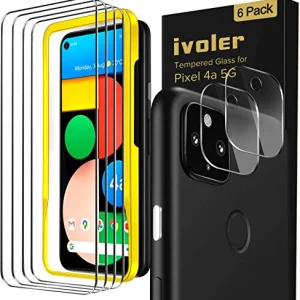 [6 Pack] iVoler [4 Pack]Tempered Screen Protector with [2 Pack]Camera Lens Protector Tempered Glass for Google Pixel 4a 5G with [Alignment Frame Easy Installation],HD Clear Anti-Scratch Film,6.2 inch
