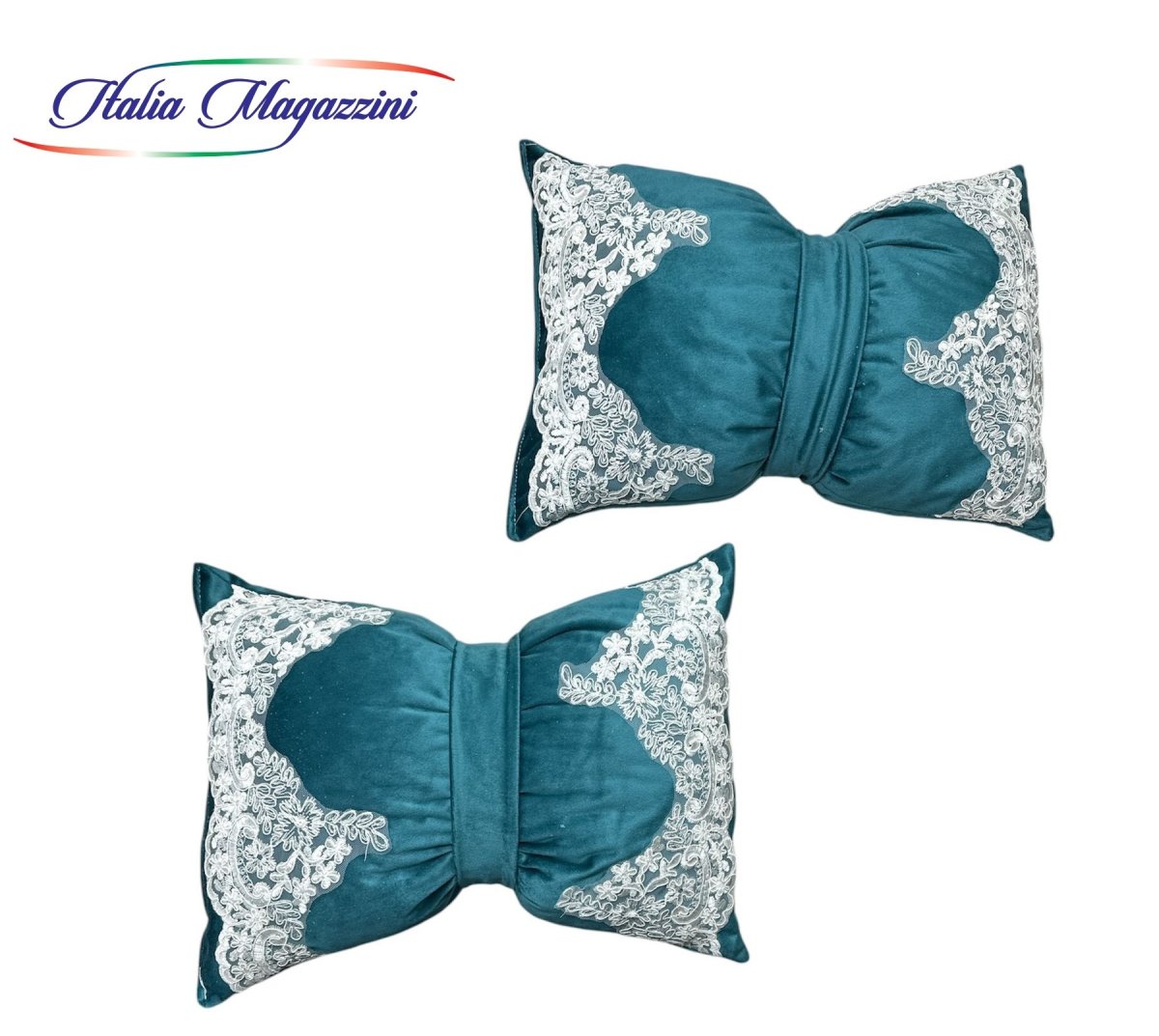 Coppia Cuscini A Fiocco In Morbido Velluto 35×50 cm Con Balza In Macramè